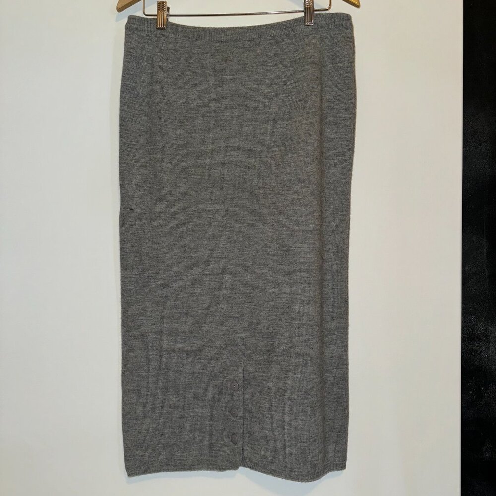 Vintage Worthington Gray Knit Midi Sweater Skirt Back Button Slit Cozy Minimal L